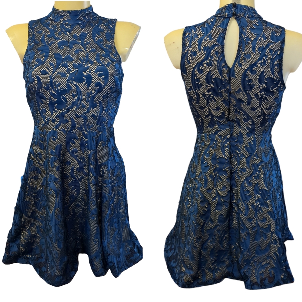 BAILEY BLUE Blue Lace Overlay High Neck Fit & Flare Sleeveless Mini Dres